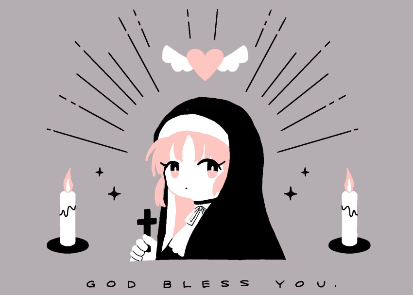 1girl candle commentary cropped_torso cross dot_mouth english_commentary english_text habit hand_up highres holding holding_cross latin_cross limited_palette looking_at_viewer neck_ribbon nichi_(83nichi) nijisanji no_lineart nun pink_eyes pink_hair ribbon single_flame sister_cleaire sister_cleaire_(1st_costume) solo sparkle traditional_nun virtual_youtuber white_ribbon winged_heart