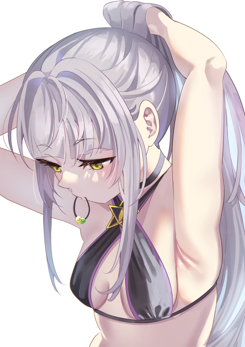 1girl armpits arms_behind_head arms_up bikini black_bikini black_choker blunt_bangs breasts breasts_apart choker closed_mouth commentary_request criss-cross_halter expressionless eyelashes grey_hair hair_bobbles hair_ornament hairdressing halterneck highres hololive long_hair looking_down madai_(mappy) murasaki_shion nose ponytail rubber_band sidelocks simple_background small_breasts solo star_(symbol) star_ornament swimsuit upper_body very_long_hair white_background yellow_eyes