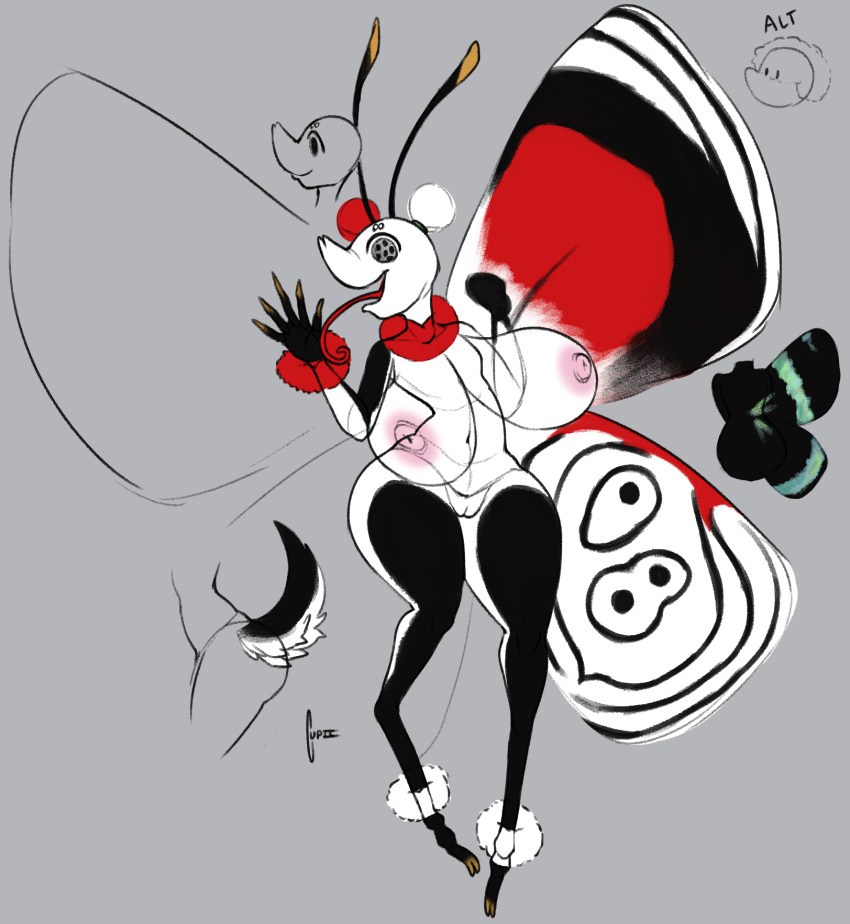 antennae_(anatomy) anthro arthropod big_breasts breasts cupic female fluffy fluffy_tail genitals hi_res long_tongue neck_tuft pom_poms pussy snout solo tail tongue tuft wings