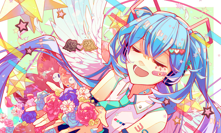 1girl 39 absurdres ai_kotoba_iv_(vocaloid) angel_wings aqua_eyes aqua_hair bandaid bandaid_on_face bandaid_on_neck bare_shoulders blue_hair blush closed_eyes detached_sleeves flower food hair_between_eyes hair_ornament hatsune_miku headphones heart heart_hair_ornament highres hiro_chikyuujin holding holding_flower long_hair necktie open_mouth shirt smile solo streamers twintails very_long_hair vocaloid wings wireless_earphones