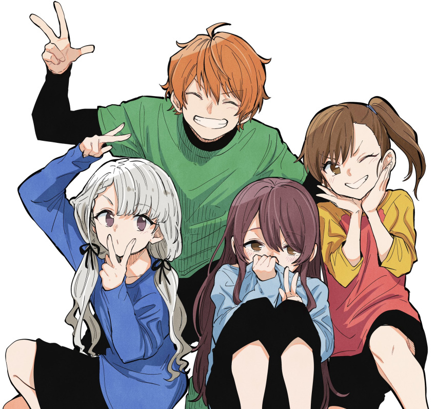 1boy 3girls ahoge alternate_costume aoi_yusuke arm_up asymmetrical_bangs asymmetrical_hair black_pants black_shorts blue_shirt braid brown_eyes brown_hair clenched_teeth closed_eyes covering_mouth feet_out_of_frame futami_mami green_shirt grey_hair hair_between_eyes hand_up hands_on_own_cheeks hands_on_own_face hands_up high_side_ponytail highres hisakawa_nagi idolmaster idolmaster_(classic) idolmaster_cinderella_girls idolmaster_shiny_colors idolmaster_side-m in-franchise_crossover kneeling knees_to_chest kyouno light_blush long_hair long_sleeves looking_at_viewer low_twintails miroir_(idolmaster) multicolored_clothes multiple_girls one_eye_closed open_mouth orange_hair osaki_tenka pants shirt short_hair shorts shy siblings side_ponytail sidelocks simple_background sitting smile squatting straight-on straight_hair teeth trait_connection twins twintails v w_(idolmaster) white_background