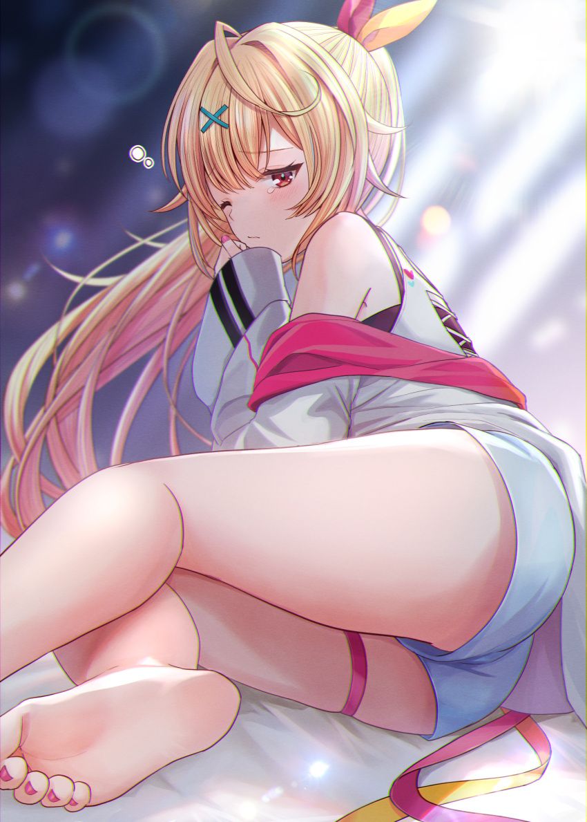 1girl ass bare_legs bare_shoulders barefoot bed_sheet blonde_hair blurry blurry_background brown_eyes cowlick feet foot_out_of_frame from_side gradient_hair hair_ornament hand_up highres hoshikawa_sara jacket kashiwagi_touko knees_together_feet_apart legs long_hair looking_at_viewer multicolored_hair nail_polish nijisanji off_shoulder on_bed one_eye_closed pink_hair pink_nails short_shorts shorts skindentation soles solo thigh_strap thighs toe_scrunch toenail_polish toenails toes very_long_hair virtual_youtuber white_jacket white_shorts x_hair_ornament