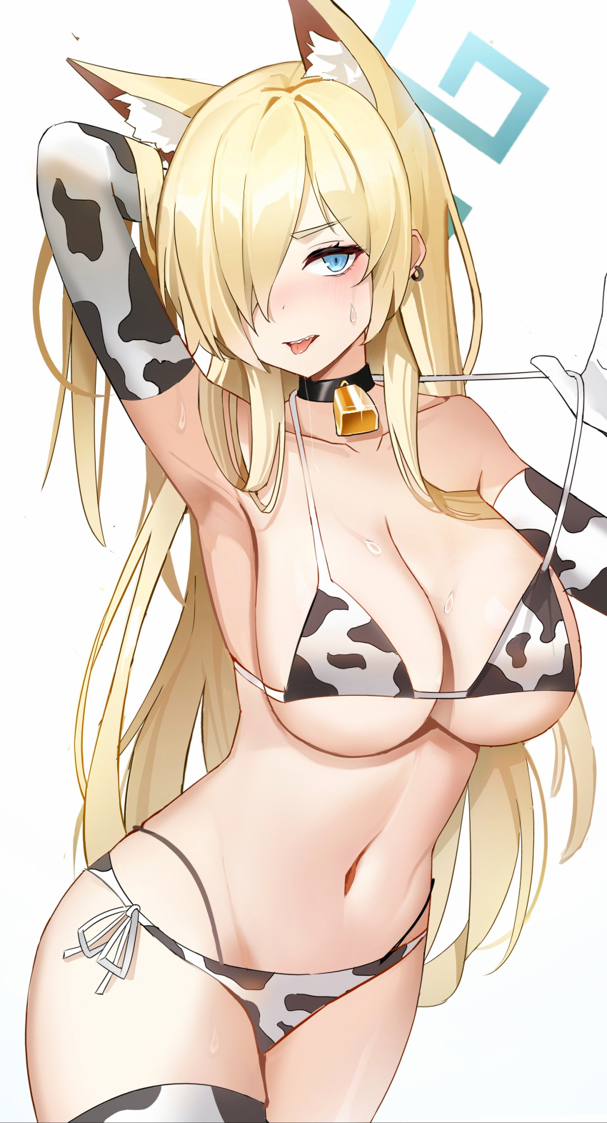 1girl absurdres alternate_costume animal_ear_fluff animal_ears animal_print arm_up armpits bell bikini black_choker blonde_hair blue_archive blue_eyes breasts choker cow_print cowbell cowboy_shot earrings elbow_gloves glint gloves gonggo hair_over_one_eye halo highres jewelry kanna_(blue_archive) large_breasts navel neck_bell print_bikini print_gloves print_thighhighs pulled_by_self sharp_teeth simple_background solo stomach strap_pull sweat swimsuit teeth thighhighs tongue tongue_out white_background