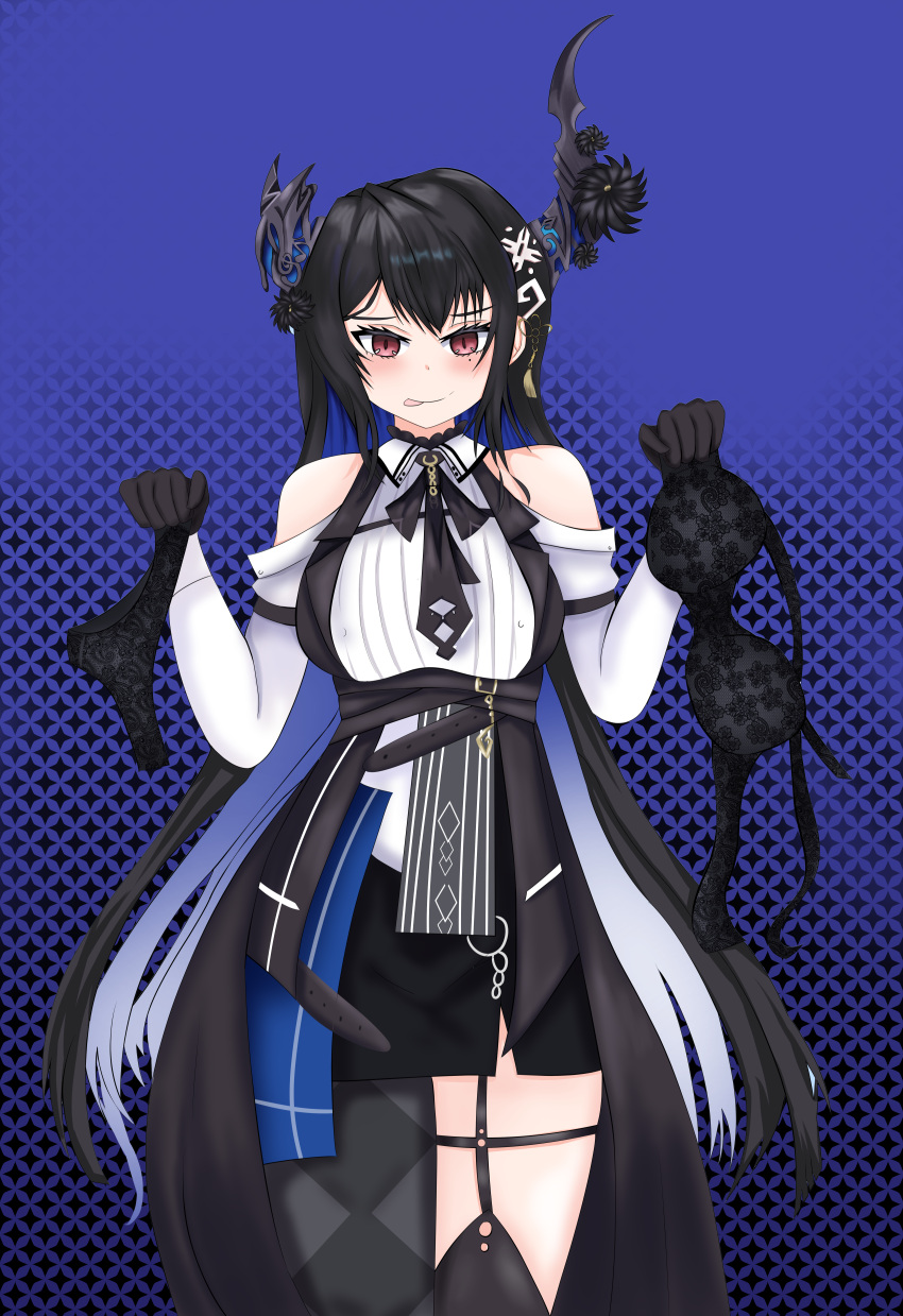 1girl absurdres artist_request asymmetrical_horns black_bra black_hair black_necktie black_panties black_skirt black_thighhighs blue_hair blush bra bra_removed breasts clothing_cutout collared_shirt colored_inner_hair demon_horns highres hololive hololive_english horns large_breasts long_hair looking_at_viewer mole mole_under_eye multicolored_hair necktie nerissa_ravencroft non-web_source panties panties_removed red_eyes shirt shoulder_cutout skirt source_request thighhighs tongue tongue_out underwear virtual_youtuber white_shirt