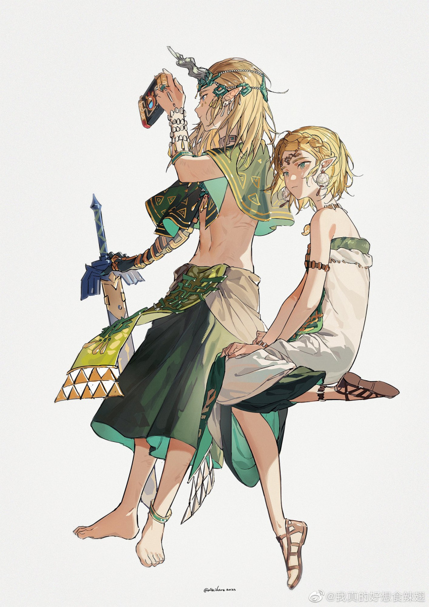 1boy 1girl akihare anklet armlet barefoot blonde_hair bracelet braid charged_set_(zelda) crown_braid dress fake_horns feet highres horned_headwear horns invisible_chair jewelry link master_sword medium_hair navel official_alternate_costume pointy_ears princess_zelda purah_pad sandals short_hair simple_background sitting stomach strapless strapless_dress the_legend_of_zelda the_legend_of_zelda:_breath_of_the_wild the_legend_of_zelda:_tears_of_the_kingdom tiara toenails toes