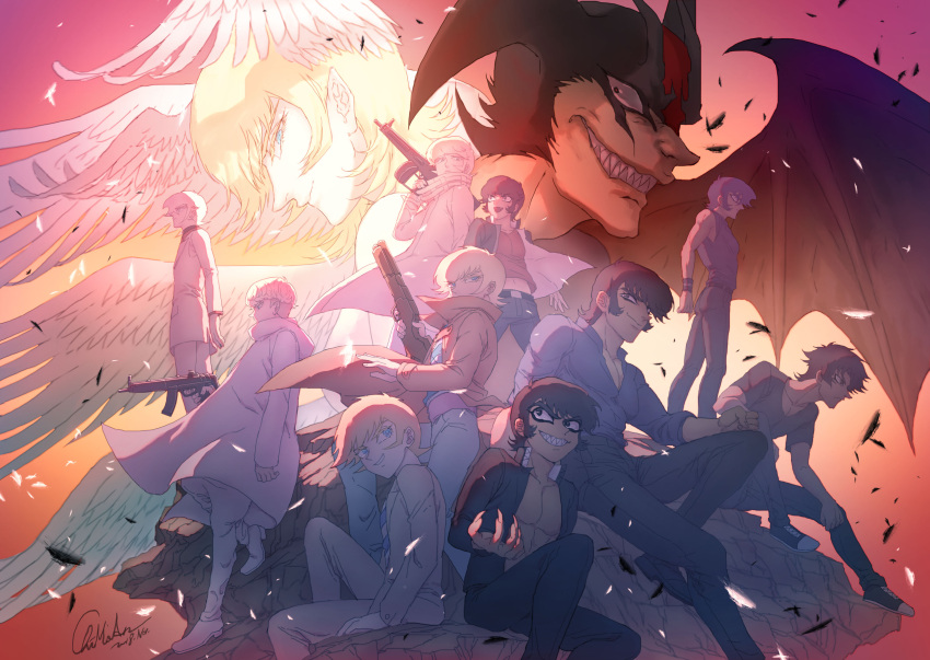 2boys absurdres angel_and_devil angel_wings assault_rifle asuka_ryou black_hair blonde_hair blue_eyes cyborg_009 cyborg_009_vs_devilman demon_boy demon_wings devilman devilman_(character) devilman_crybaby devilman_saga evil_grin evil_smile falling_feathers fingernails fudou_akira grin gun head_wings highres holding holding_gun holding_weapon multiple_boys multiple_persona open_clothes rifle satan_(devilman) sharp_fingernails sharp_teeth shirt short_hair shotgun signature smile striped striped_shirt teeth undercut weapon weapon_request wings yamyanm.k