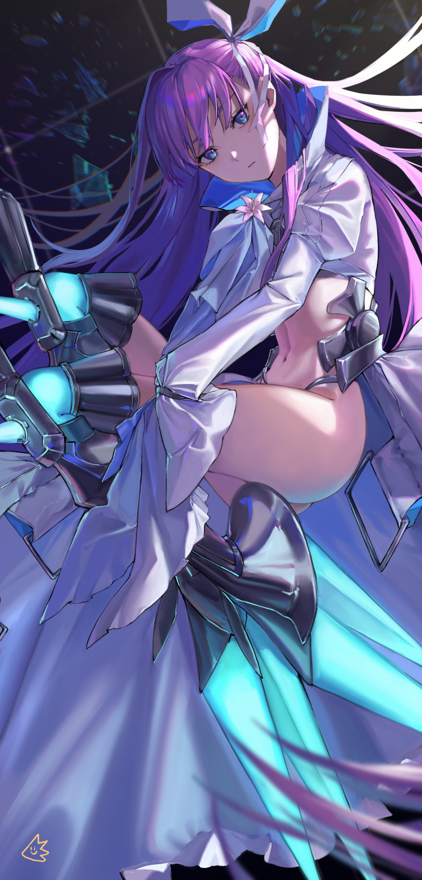 1girl absurdres armor ass blue_eyes blue_ribbon bow breasts coat fate/grand_order fate_(series) flower greaves hair_ribbon highleg highleg_panties highres jiajiayu leg_armor lily_(flower) long_hair long_sleeves looking_at_viewer meltryllis_(fate) meltryllis_(third_ascension)_(fate) midriff navel panties purple_hair ribbon sleeves_past_fingers sleeves_past_wrists small_breasts solo stomach thighs underwear very_long_hair white_coat white_lily white_ribbon