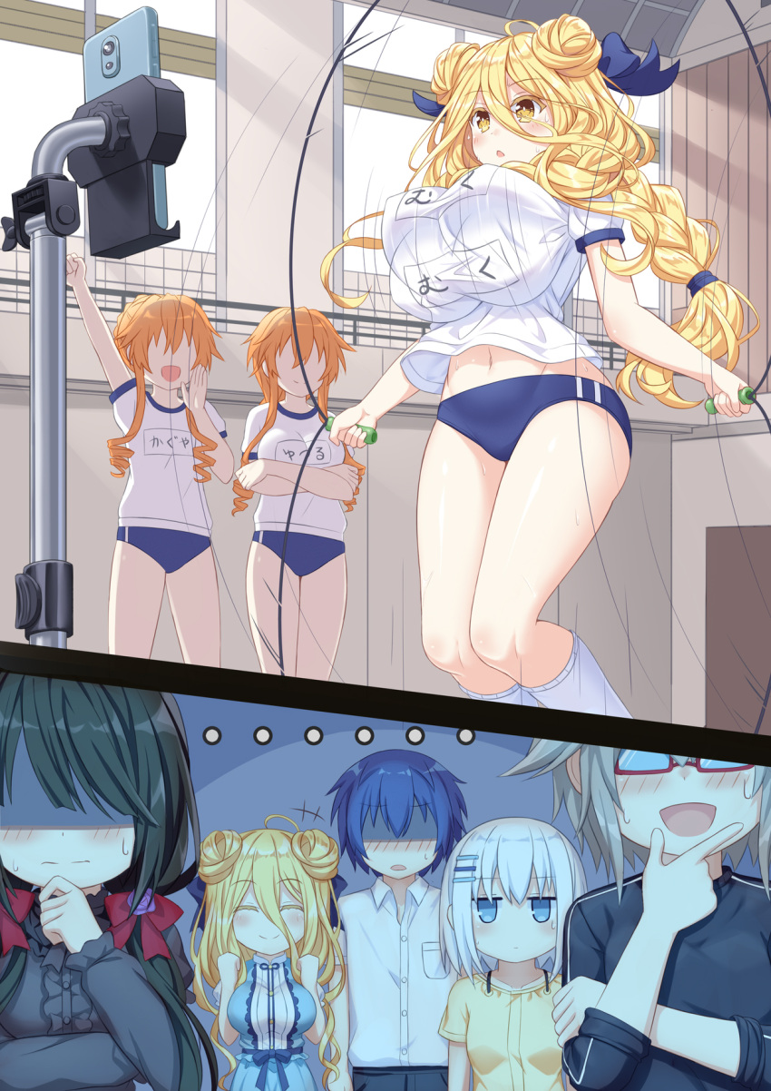 ... 1boy 6+girls bare_legs black_hair blonde_hair blue_ribbon braid braided_ponytail breasts buruma date_a_live double_bun glasses grey_hair hair_between_eyes hair_bun hair_ornament hair_ribbon hairclip highres honjou_nia hoshimiya_mukuro itsuka_shidou large_breasts long_hair multiple_girls open_mouth red_ribbon ribbon shaded_face short_hair short_hair_with_long_locks siblings tobiichi_origami tokisaki_kurumi tsubasaki twins yamai_kaguya yamai_yuzuru