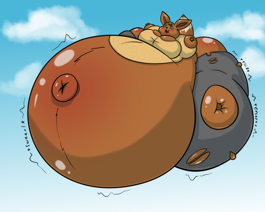 2022 air_inflation alvro anthro belly belly_expansion belly_inflation big_belly big_breasts big_butt blush body_inflation bottomwear breasts brown_body brown_ears brown_hair brown_tail butt butt_expansion cel_shading clothing cloudscape creaking digital_media_(artwork) eevee emme_(reathe) expansion female floating generation_1_pokemon green_eyes grey_bottomwear grey_clothing grey_shorts hair huge_breasts huge_butt huge_thighs hyper hyper_belly hyper_butt hyper_inflation hyper_navel hyper_thighs immobile inflation inflation_fetish looking_pleasured looking_up navel nintendo onomatopoeia outie_navel patreon pokemon pokemon_(species) puffed_cheeks shaded shorts sky solo sound_effects swelling tail tan_clothing tan_sweater tan_topwear text thick_thighs tight_clothing topwear torn_clothing