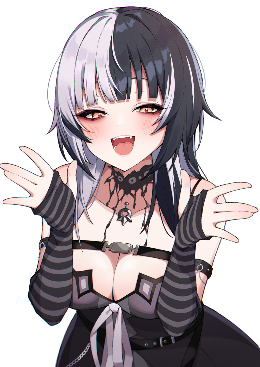 1girl :d absurdres black_dress black_hair blunt_bangs blush breasts cleavage commentary_request dress fangs highres hololive hololive_english large_breasts looking_at_viewer multicolored_hair open_mouth seion shiori_novella simple_background smile solo striped_sleeves teeth two-tone_hair white_background white_hair yellow_eyes