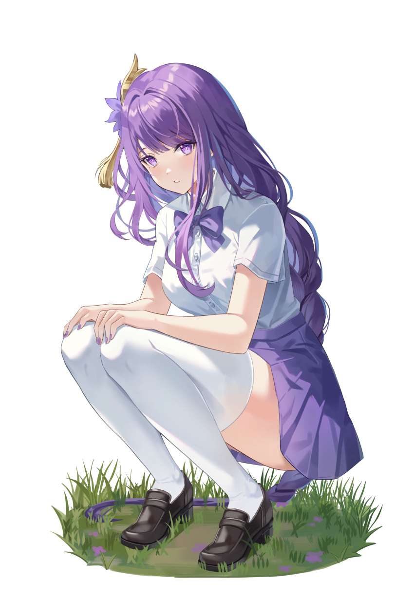 02bear20 1girl absurdres alternate_costume black_footwear bow bowtie braid braided_ponytail breasts collared_shirt flower full_body genshin_impact grass hair_flower hair_ornament hands_on_own_knees highres loafers long_hair looking_at_viewer purple_bow purple_bowtie purple_eyes purple_flower purple_hair purple_nails purple_skirt raiden_shogun school_uniform shirt shirt_tucked_in shoes short_sleeves skirt solo squatting thighhighs very_long_hair white_shirt white_thighhighs zettai_ryouiki