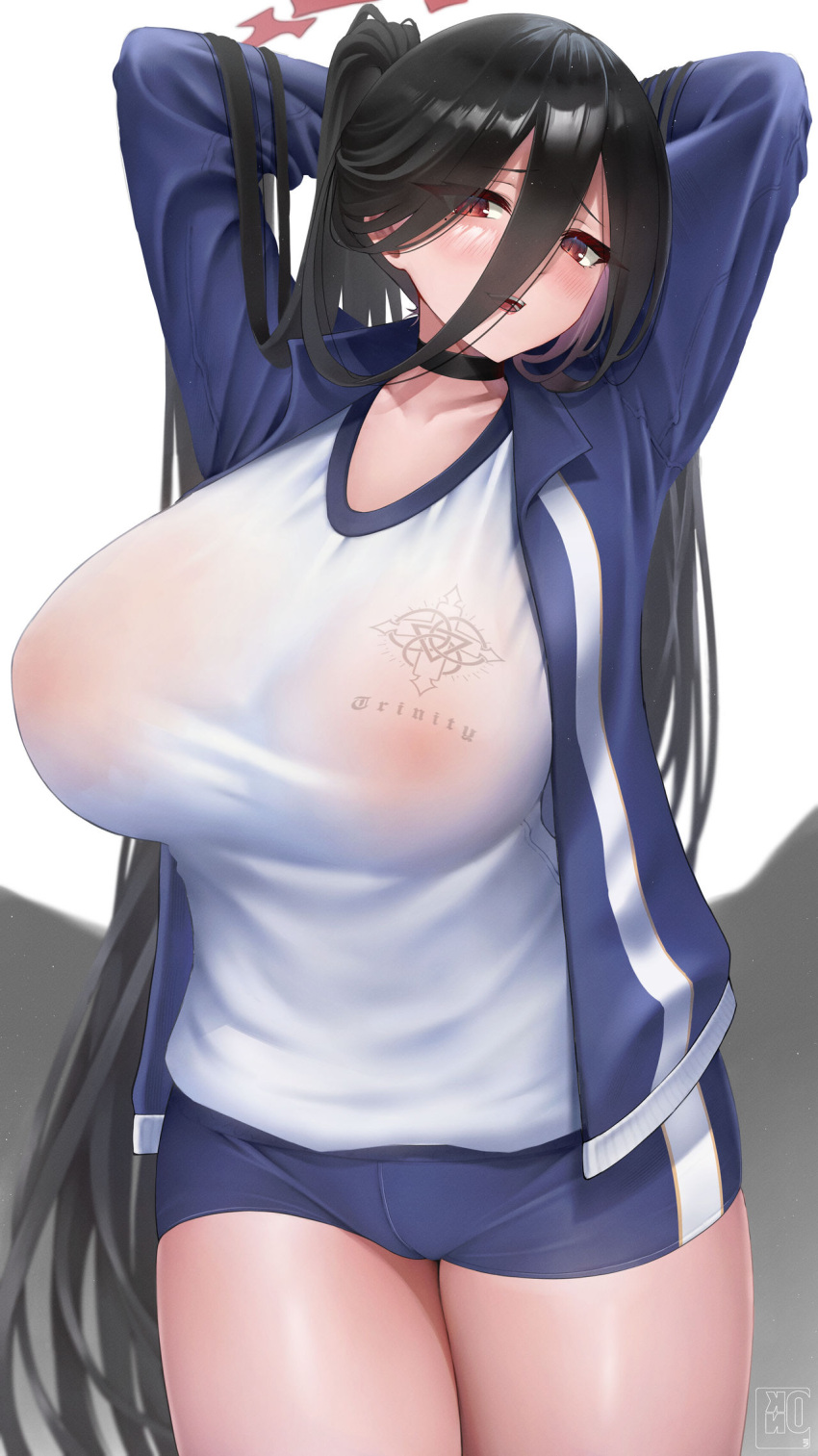 1girl arms_behind_head black_choker black_hair black_wings blue_archive blue_jacket blue_shorts breasts choker collared_jacket commentary_request covered_nipples cowboy_shot eyes_visible_through_hair feathered_wings gym_shirt gym_shorts gym_uniform hair_between_eyes halo hasumi_(blue_archive) hasumi_(track)_(blue_archive) highres huge_breasts jacket kono_(xerondan321) large_wings legs_together long_hair looking_at_viewer low_wings mole mole_under_eye no_bra open_clothes open_jacket open_mouth ponytail red_eyes red_halo see-through shirt shorts solo very_long_hair white_shirt wings