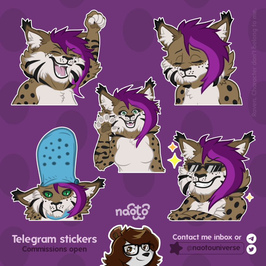 anthro clothing croc eyewear felid feline female footwear glasses hi_res lynx male male/female mammal naoto shoes solo sticker sticker_pack stickers telegram telegram_sticker