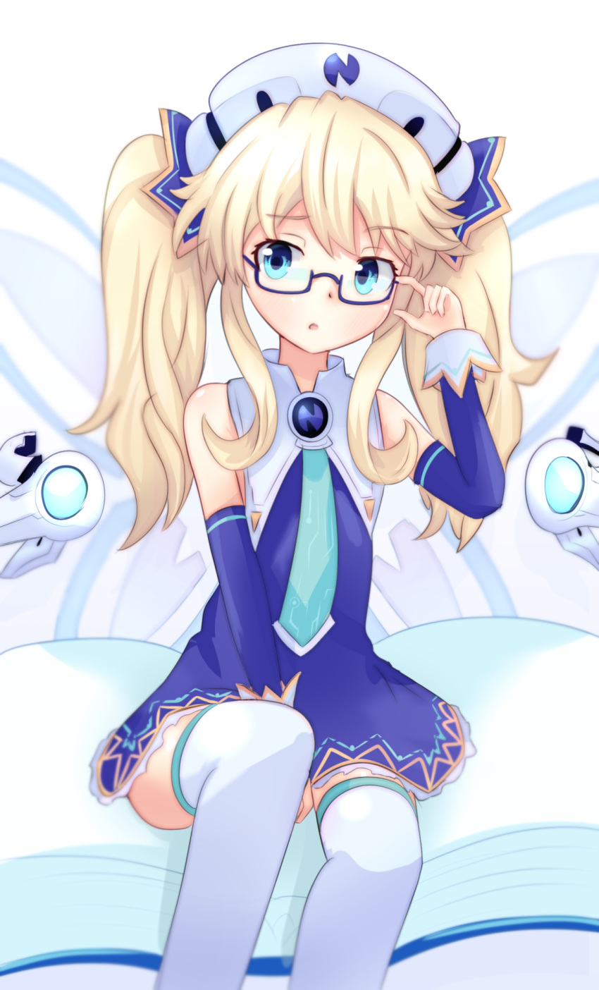 1girl adjusting_eyewear bare_shoulders between_legs blonde_hair blue_eyes blue_necktie boots circuit_board circuit_board_print daenu detached_sleeves dress fairy fairy_wings glasses hair_between_eyes hand_between_legs hand_up hat highres histoire knee_up long_hair looking_at_viewer necktie neptune_(series) nurse_cap open_mouth purple_dress sitting_on_book solo thigh_boots twintails wings