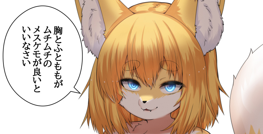 2023 absurd_res anthro blonde_hair blue_eyes canid canine cute_fangs dialogue digital_media_(artwork) dipstick_tail female female_anthro fox fox_next_door_(horokusa) fur hair hi_res horokusa0519 inner_ear_fluff japanese_text kemono looking_at_viewer mammal markings simple_background solo speech_bubble tail tail_markings talking_to_viewer text translation_request tuft white_background white_body white_fur yellow_body yellow_fur
