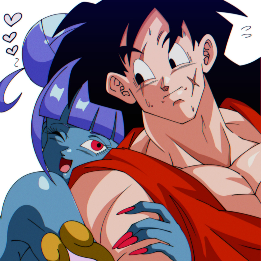 1boy 1girl arm_hug black_eyes black_hair blue_skin blunt_bangs colored_skin dougi dragon_ball dragon_ball_heroes hair_bun heart highres long_hair looking_at_another muscular muscular_male nervous one_eye_closed open_mouth purple_hair red_eyes red_nails scar scar_across_eye scar_on_cheek scar_on_face sidelocks simple_background smile sweat vidro_(dragon_ball) white_background yamcha yuu_(user_ddsz8272)