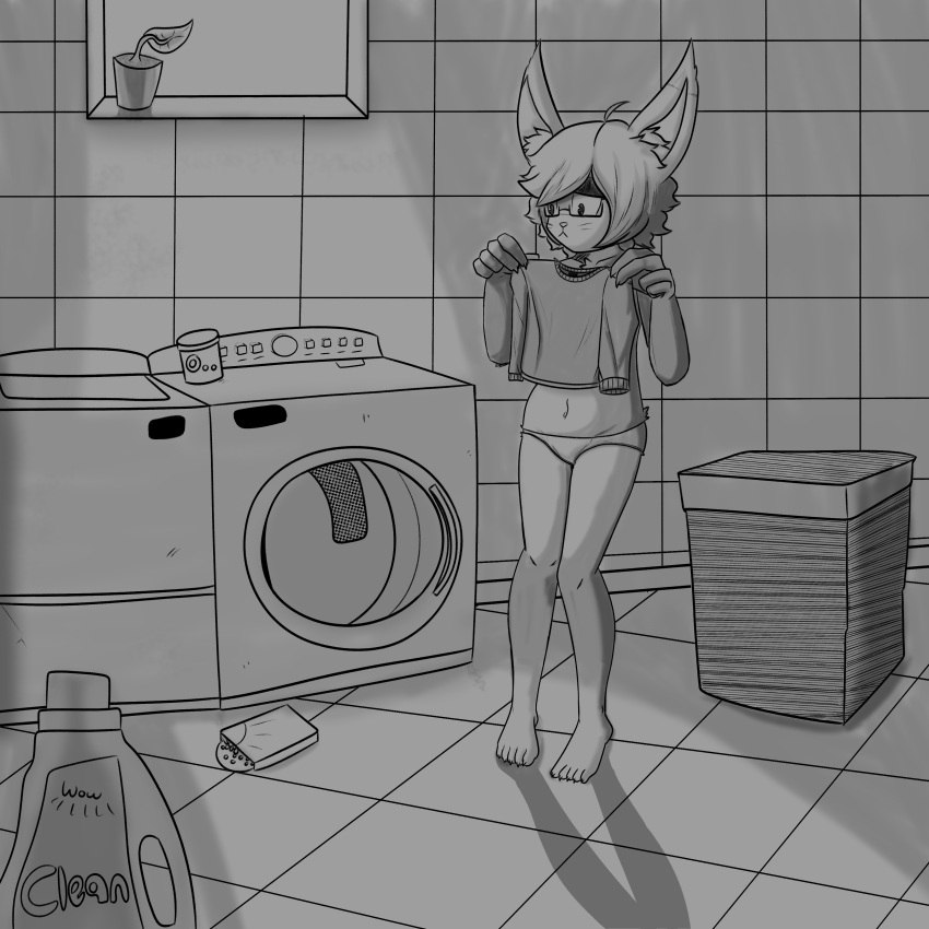 absurd_res anthro barefoot bastardcat3 clothed clothing detergent feet female hi_res lagomorph laundry laundry_basket laundry_machine laundry_room leporid mammal panties panties_only plant rabbit solo sweater topless topwear underwear underwear_only