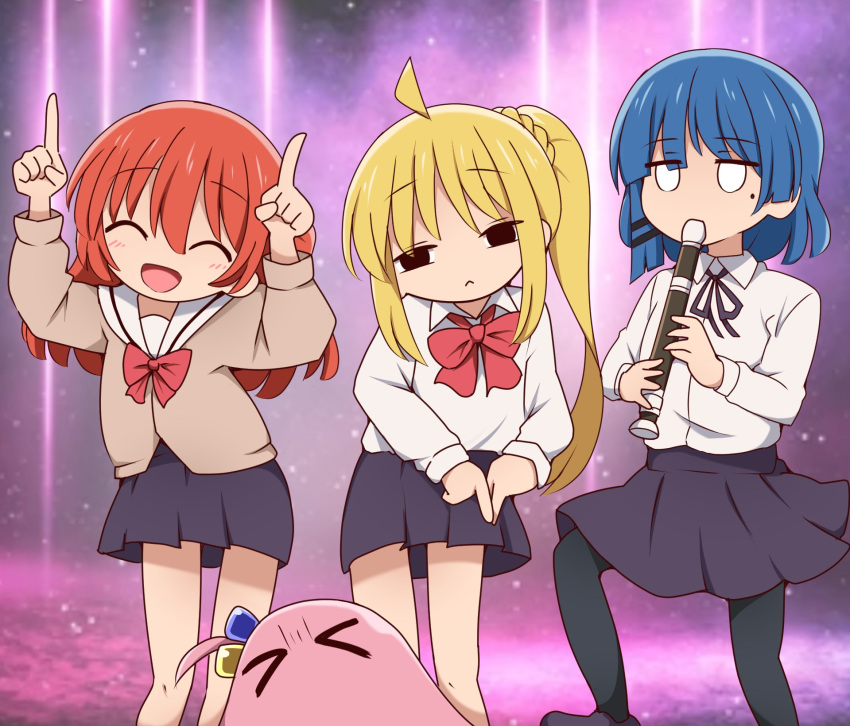 &gt;_&lt; 4girls blonde_hair blue_hair bocchi_the_rock! bow bowtie braid cardigan commentary_request cube_hair_ornament dancing gotou_hitori gotou_hitori_(octopus) hair_ornament hairclip highres holding holding_instrument ijichi_nijika index_fingers_raised instrument internet_yamero internet_yamero_(meme) kita_ikuyo kyoufuu_all_back_(vocaloid) long_hair medium_hair meme mole mole_under_eye multiple_girls music neck_ribbon needy_girl_overdose pantyhose playing_instrument pleated_skirt pointing pointing_down pointing_up recorder red_hair ribbon school_uniform shimokitazawa_high_school_uniform shirt shuka_high_school_uniform side_ahoge skirt suwaneko white_eyes white_shirt yamada_ryou