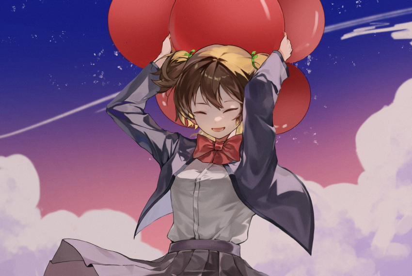 1girl arms_up ball blue_sky chinese_commentary closed_eyes clothes_lift cloud commentary_request contrail cowboy_shot daiba_nana flying gezi_(gezi25889902) gradient_sky green_ribbon grey_jacket grey_skirt hair_ribbon high-waist_skirt highres holding holding_ball jacket light_brown_hair long_sleeves lower_teeth_only multicolored_sky open_clothes open_jacket outdoors parted_lips pink_sky pleated_skirt purple_sky ribbon school_uniform seishou_music_academy_uniform shirt shirt_tucked_in short_hair short_twintails shoujo_kageki_revue_starlight skirt skirt_lift sky smile solo teeth twintails white_shirt