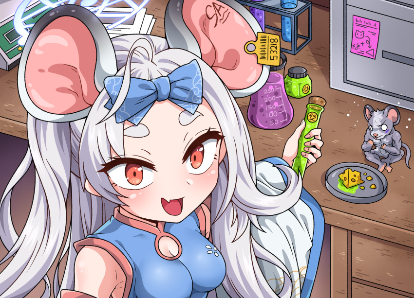 1girl :d animal_ears blue_archive bow breasts cheese chinese_clothes cleavage cleavage_cutout clothing_cutout commentary_request devil_yanghyeok ear_tag flask food forehead from_below grey_hair hair_bow hair_ribbon halo highres holding holding_flask long_hair long_sleeves looking_at_viewer looking_up mouse mouse_ears mouse_girl paper parted_bangs red_eyes ribbon saya_(blue_archive) sidelocks sleeveless sleeves_past_fingers sleeves_past_wrists smile table wide_sleeves