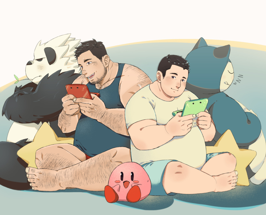 2boys absurdres arm_hair back-to-back bara beard_stubble belly black_hair blue_shorts blue_tank_top blush_stickers character_request chest_hair_peek couple crossed_legs daisukebear foot_hair full_body hairy handheld_game_console highres kirby leg_hair male_focus mature_male multiple_boys muscular muscular_male original pectoral_cleavage pectorals playing_games plump pokemon red_shorts shirt short_hair shorts sideburns sitting smile snorlax t-shirt tank_top yaoi