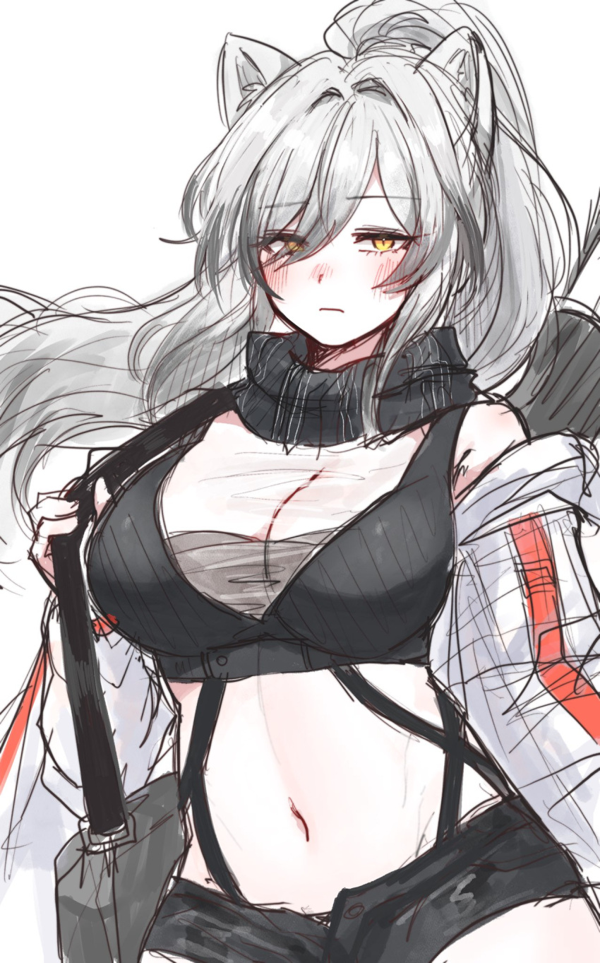 1girl animal_ears arknights bare_shoulders black_scarf black_shorts blush breasts cat_ears cleavage closed_mouth cowboy_shot crop_top eyes_visible_through_hair greyscale hair_over_one_eye highres hyeroin jacket large_breasts long_sleeves looking_at_viewer looking_back monochrome navel open_clothes open_jacket revealing_clothes scarf schwarz_(arknights) see-through shorts simple_background sketch solo striped vertical_stripes white_background white_jacket yellow_eyes