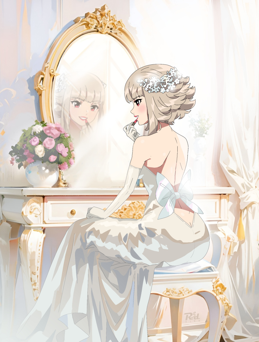 1girl absurdres alternate_costume applying_makeup ass backless_dress backless_outfit cosmetics dress elbow_gloves fire_emblem fire_emblem_heroes flower gloves grey_hair highres holding holding_lipstick_tube lipstick lipstick_tube looking_at_mirror makeup mirror official_alternate_hairstyle r3dfive red_dress smile solo veronica_(fire_emblem) veronica_(princess_rising)_(fire_emblem) wedding_dress white_dress white_gloves