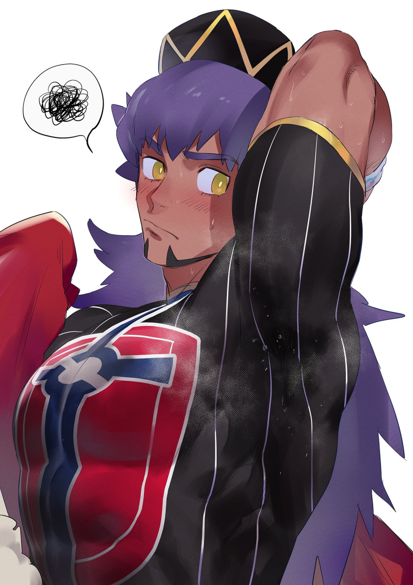 1boy armpits baseball_cap black_shirt blush cape closed_mouth dark-skinned_male dark_skin facial_hair haiki_(tegusu) hat highres jersey leon_(pokemon) long_hair looking_to_the_side male_focus muscular muscular_male pokemon purple_hair shirt simple_background solo spoken_squiggle squiggle steaming_body sweat upper_body white_background yellow_eyes