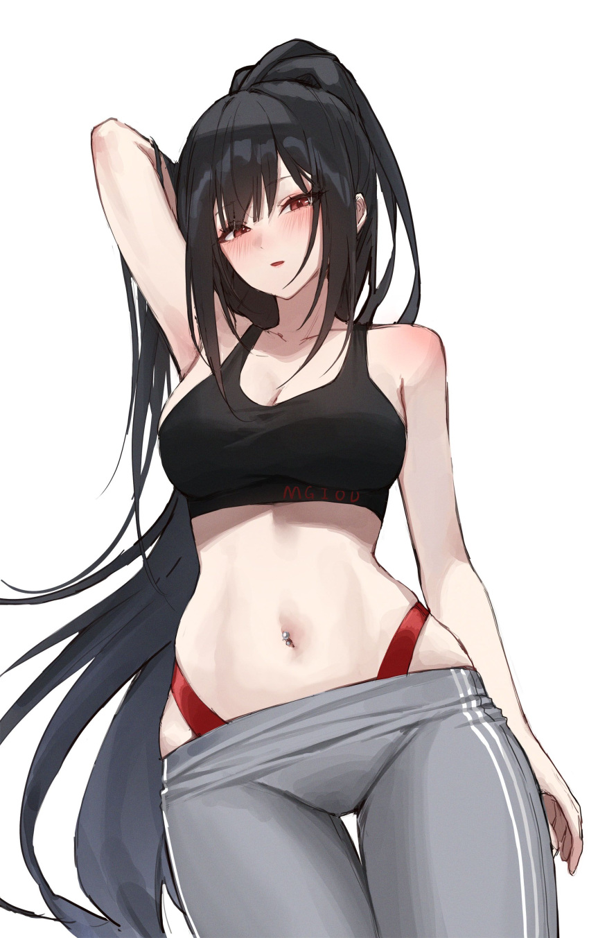 1girl absurdres ame_816 arm_behind_head arm_up armpits bare_arms bare_shoulders black_hair black_shirt breasts cleavage commission cowboy_shot crop_top grey_pants highleg highres large_breasts leggings long_hair looking_at_viewer midriff navel open_mouth original pants panty_straps ponytail red_eyes second-party_source shirt simple_background sleeveless sleeveless_shirt solo sports_bra stomach very_long_hair white_background