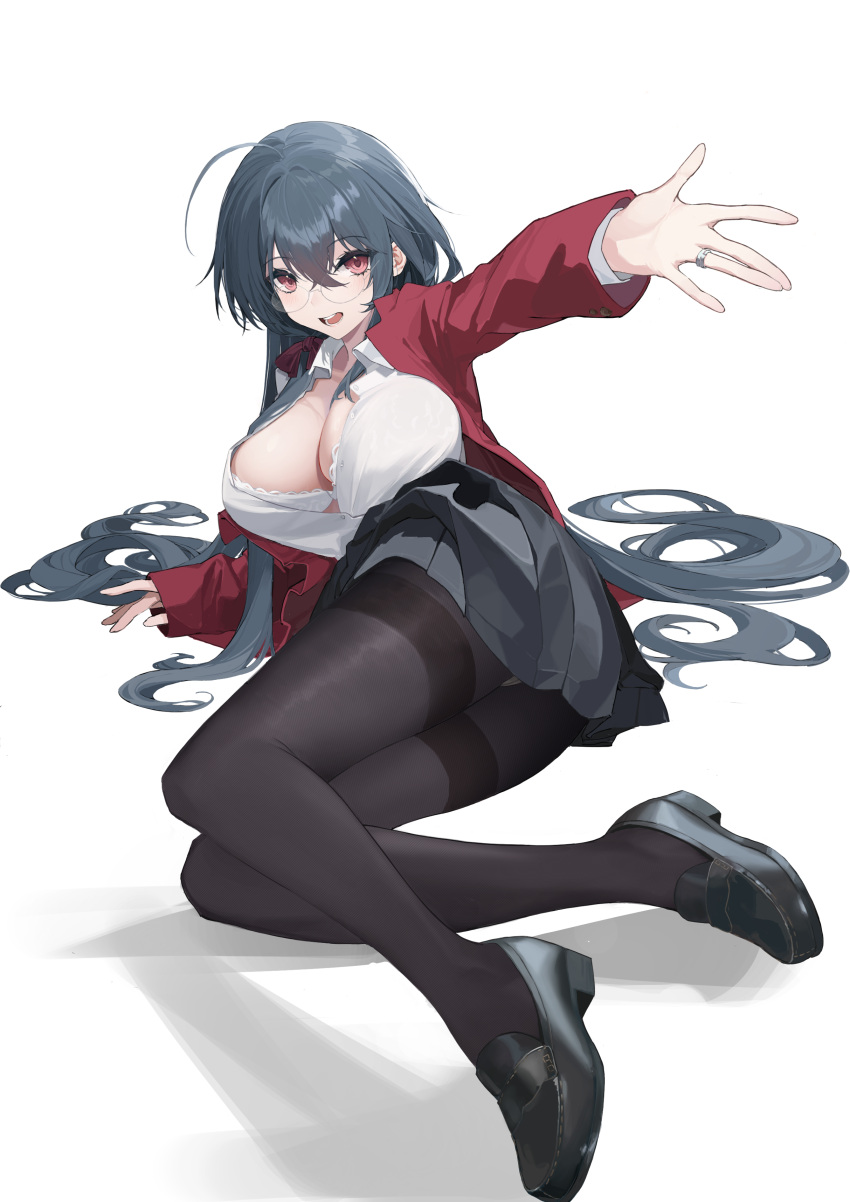 1girl absurdres ahoge awwwwys azur_lane bespectacled black_footwear black_hair black_pantyhose black_skirt blazer bra bra_peek breasts cleavage collared_shirt crossed_bangs foreshortening full_body glasses hair_between_eyes highres jacket jewelry lace-trimmed_bra lace_trim large_breasts long_hair long_sleeves looking_at_viewer lying mary_janes miniskirt on_side open_clothes open_mouth open_shirt panties panties_under_pantyhose pantyhose pantyshot partially_unbuttoned pleated_skirt reaching reaching_towards_viewer red_eyes red_jacket ring school_uniform see-through_silhouette shadow shirt shirt_tucked_in shoes simple_background skirt smile solo taihou_(azur_lane) tented_shirt thighband_pantyhose underwear very_long_hair white_background white_bra white_shirt
