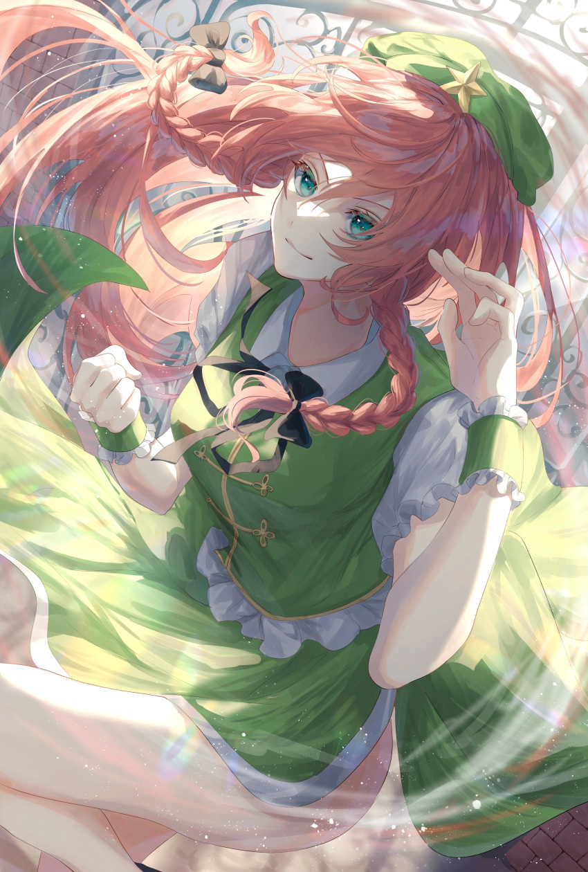 1girl absurdres black_bow bow braid breasts clenched_hand closed_mouth collared_shirt green_headwear green_skirt green_vest hair_between_eyes hat hat_ornament highres hong_meiling long_hair looking_at_viewer medium_breasts puffy_short_sleeves puffy_sleeves red_hair shirt short_sleeves skirt star_(symbol) star_hat_ornament toku_kekakewanko touhou twin_braids vest white_shirt wrist_cuffs
