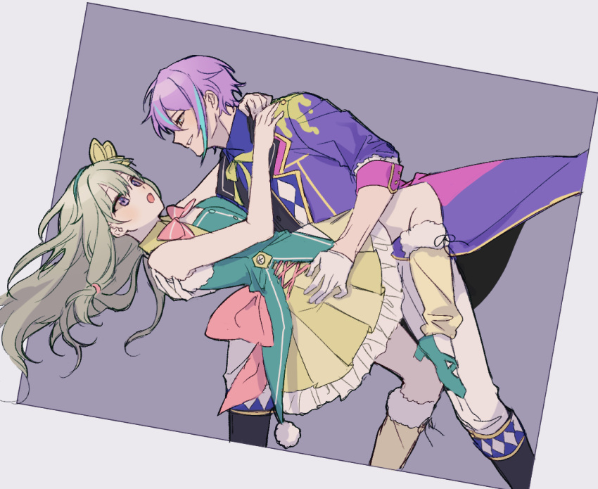 1boy 1girl ap5ry black_vest blue_hair blue_shirt coat collared_shirt dress frilled_dress frills green_footwear green_hair green_hairband green_vest hairband kamishiro_rui kusanagi_nene long_hair long_sleeves low_tied_sidelocks multicolored_hair pants project_sekai purple_coat purple_eyes purple_hair shirt shoes sidelocks standing standing_on_one_leg streaked_hair two-tone_hair vest white_pants yellow_dress yellow_leg_warmers