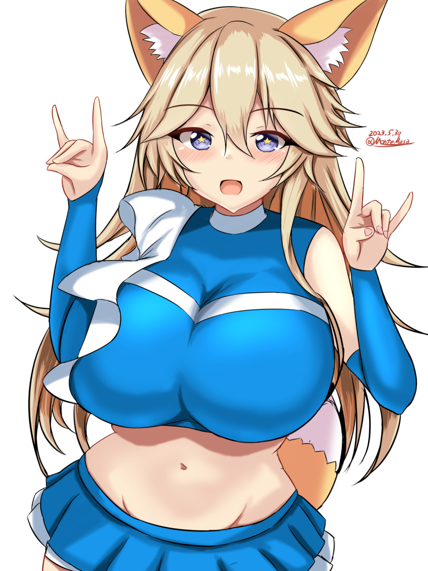 1girl alternate_costume animal_ears bare_shoulders blonde_hair blue_eyes blue_shirt blue_skirt breasts cheerleader cowboy_shot dated detached_sleeves fox_ears fox_shadow_puppet fox_tail from_above groin hair_between_eyes hands_up highres huge_breasts impossible_clothes impossible_shirt iowa_(kancolle) kantai_collection kemonomimi_mode kitsune_dance long_hair looking_at_viewer midriff miniskirt montemasa navel open_mouth pleated_skirt shirt simple_background skirt smile solo star-shaped_pupils star_(symbol) symbol-shaped_pupils tail white_background