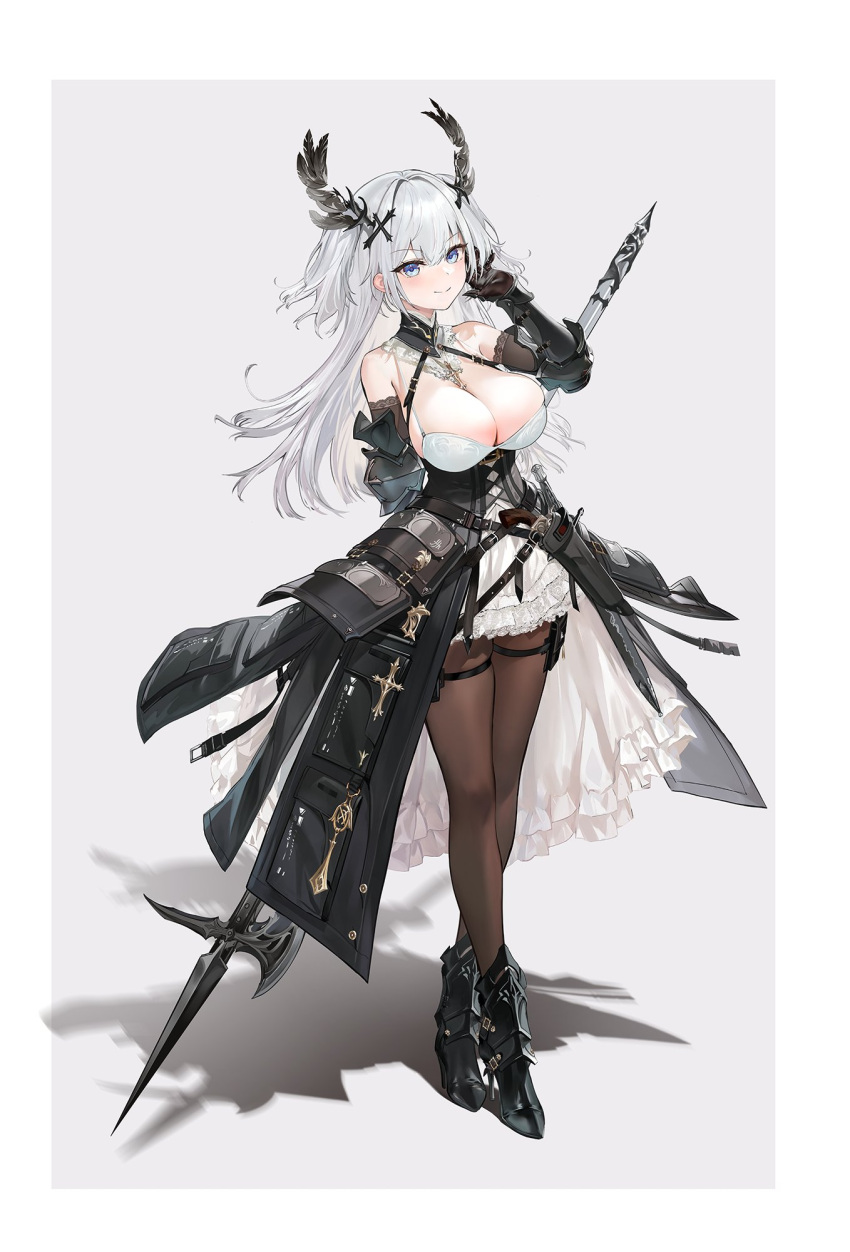 1girl arm_armor arm_behind_back armored_boots black_feathers black_footwear black_gloves black_pantyhose blue_eyes blush boots border breasts cleavage closed_mouth cross_hair_ornament crossed_legs detached_sleeves dress feather_hair_ornament feathers feifeifeihai gloves hair_ornament hand_in_own_hair highres lace-trimmed_dress lace_trim large_breasts long_hair looking_at_viewer original pantyhose polearm shadow sleeveless sleeveless_dress solo spaghetti_strap thigh_pouch watson_cross weapon weapon_behind_back white_border white_hair