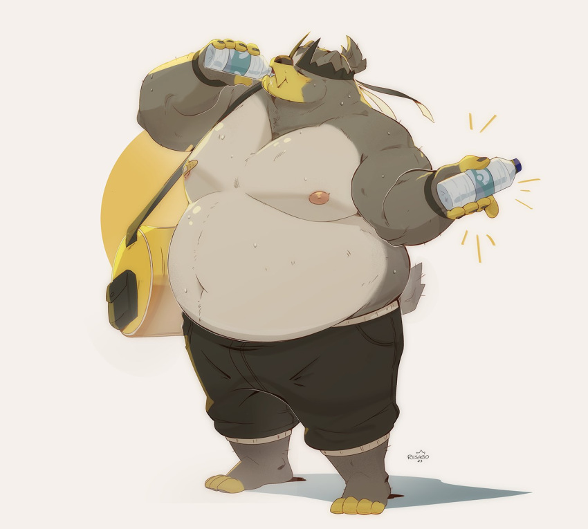 2023 anthro belly big_belly bottomwear clothing drinking eyes_closed generation_8_pokemon hi_res legendary_pokemon male moobs nintendo nipples obese obese_male overweight overweight_male pokemon pokemon_(species) riisago shorts simple_background solo urshifu