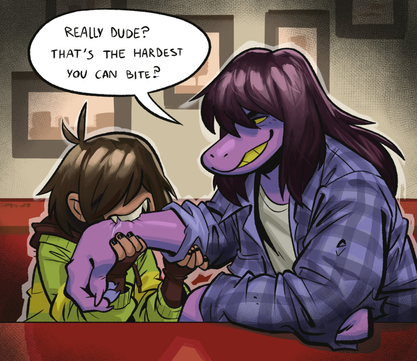 2023 ambiguous_gender angusburgers anthro arm_bite brown_hair deltarune dialogue dinosaur duo english_text female hair hair_over_eyes hi_res human humanoid kris_(deltarune) mammal monster purple_body reptile scalie smile smirk susie_(deltarune) text undertale_(series)