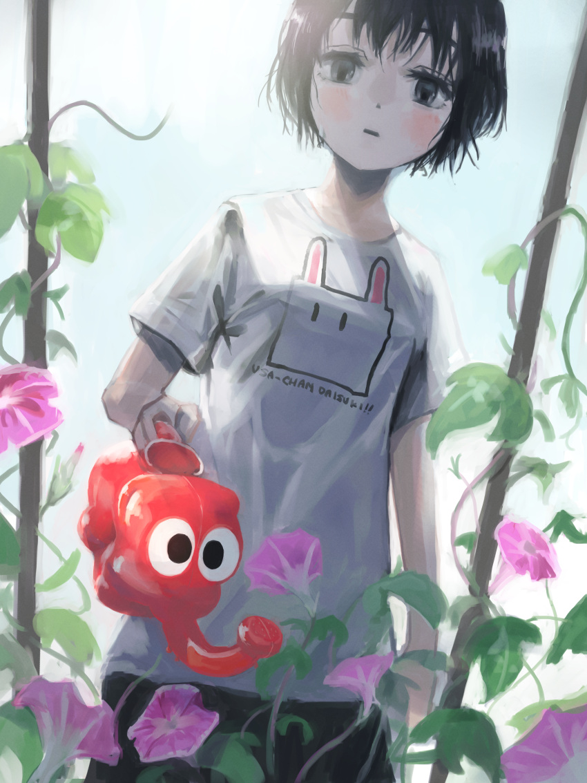 1girl absurdres black_eyes black_hair black_shorts clothes_writing commentary_request flower highres holding holding_watering_can looking_at_viewer morning morning_glory okura_lino original outdoors pink_flower plant print_shirt scenery shirt short_hair short_sleeves shorts solo t-shirt watering_can white_shirt