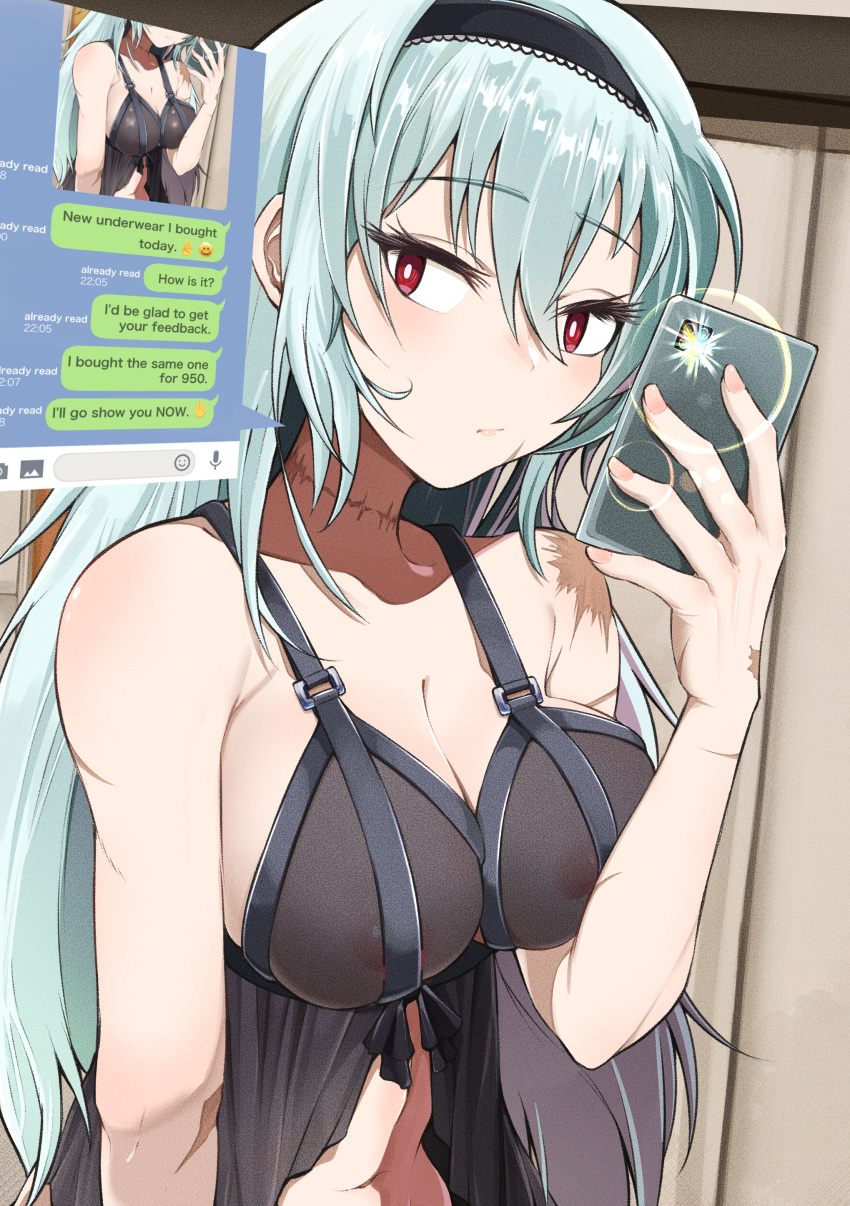 1girl absurdres babydoll black_babydoll blue_hair breasts cleavage closed_mouth collarbone covered_nipples english_text girls'_frontline hair_between_eyes hairband highres holding holding_phone kuzumotsu lingerie long_hair looking_at_viewer midriff multiple_scars navel nipples phone red_eyes scar scar_on_neck see-through see-through_shirt selfie solo thunder_(girls'_frontline) underwear