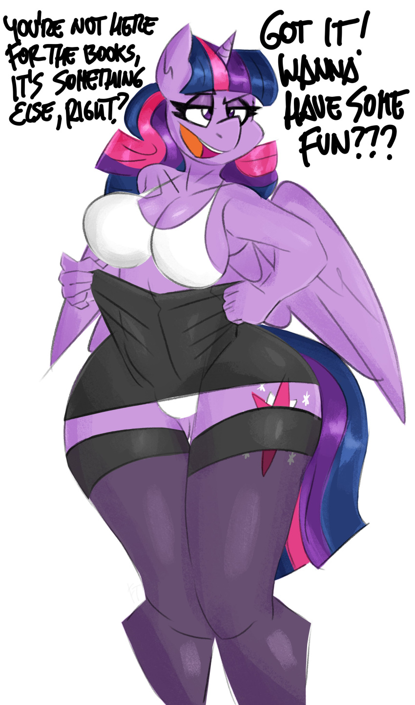2023 absurd_res anthro anthrofied bedroom_eyes bra breasts clothing collarbone cutie_mark dialogue digital_media_(artwork) english_text equid equine eyelashes feathered_wings feathers female flutterthrash friendship_is_magic fur hair half-closed_eyes hasbro hi_res horn legwear mammal my_little_pony narrowed_eyes open_mouth open_smile panties purple_body purple_eyes purple_feathers purple_fur purple_hair purple_tail seductive simple_background smile solo stockings tail text thick_thighs tongue twilight_sparkle_(mlp) underwear white_background wide_hips winged_unicorn wings