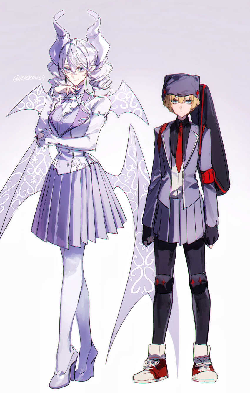 absurdres alternate_costume armband breasts demon_girl demon_horns demon_wings dress duel_monster grey_eyes grey_hair high_heels highres horns jacket knight_(yu-gi-oh!) large_breasts looking_at_viewer lovely_labrynth_of_the_silver_castle low_wings multiple_girls multiple_wings naoki_(2rzmcaizerails6) ojou-sama_pose open_clothes open_jacket pleated_skirt pointy_ears red_tie school_uniform shoes skirt smile sneakers thighhighs transparent_wings twintails white_hair white_horns wings yu-gi-oh!