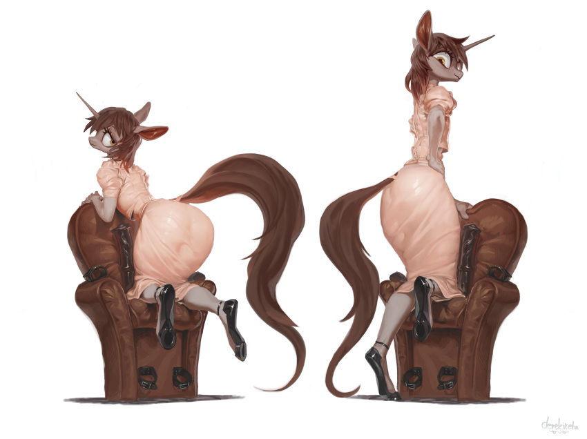 absurd_res animal_dildo animal_sex_toy anthro brown_body brown_eyes brown_fur brown_hair brown_tail butt chair clothed clothing crossdressing derekireba dildo equid equine equine_dildo fan_character fur furniture girly hair hasbro hi_res hooves horn long_tail looking_down male mammal my_little_pony pink_clothing sex_toy simple_background sofa solo tail underhoof unicorn unicorn_horn white_background