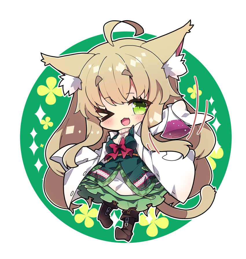 &gt;_o 1girl ;d absurdres ahoge animal_ear_fluff animal_ears boots breasts brown_footwear brown_hair cat_ears cat_girl cat_tail chibi commentary_request commission dress erlenmeyer_flask flask floral_background full_body green_background green_dress green_eyes highres labcoat long_hair long_sleeves medium_breasts milkpanda one_eye_closed open_clothes original short_eyebrows skeb_commission sleeves_past_fingers sleeves_past_wrists smile solo standing standing_on_one_leg sweater tail thick_eyebrows turtleneck turtleneck_sweater two-tone_background very_long_hair white_background white_sweater