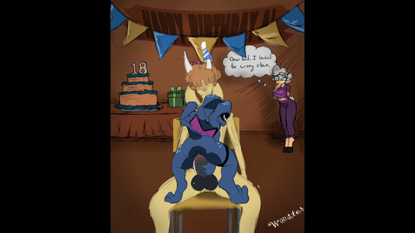 animated anthro aroused_face balls banner birthday birthday_cake birthday_hat black_balls black_penis blue_body blue_scales blush bottomless bottomless_female bottomless_male bottomwear bovid brown_hair cake caprine chair clenched_teeth clothed clothing dessert duo female food fur furniture genitals gift goat hair hi_res horn kobold long_ears male male/female mammal nude pants penetration penis pink_body purple_bottomwear purple_clothing purple_pants purple_shirt purple_topwear rear_view scales scalie shirt streamers table tail teeth text thought_bubble topwear wastester white_body white_fur yellow_body yellow_eyes