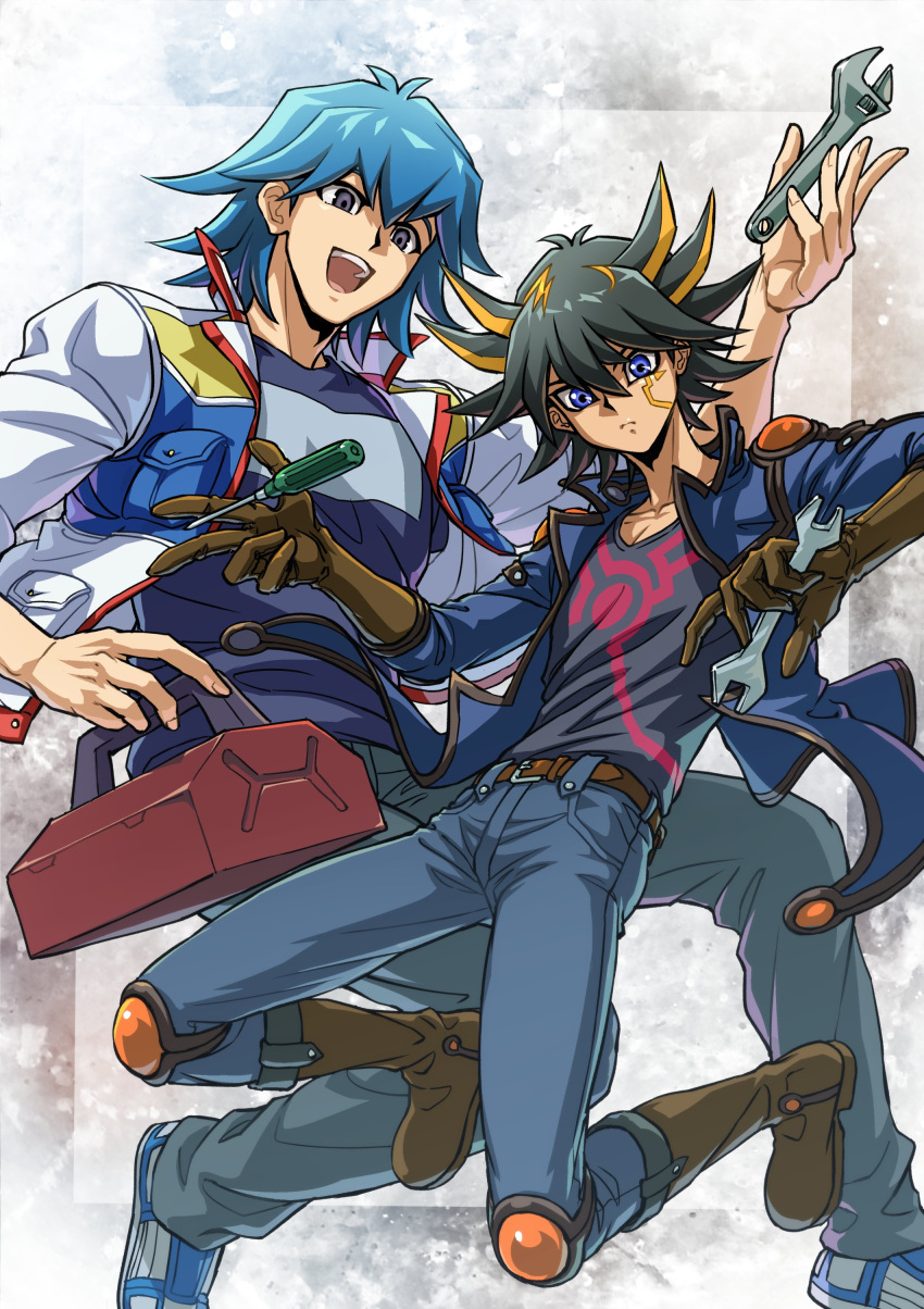 2boys absurdres belt black_hair black_shirt blue_eyes blue_hair blue_jacket blue_shirt boots box brown_footwear brown_gloves bruno_(yu-gi-oh!) denim expressionless facial_mark facial_tattoo fudou_yuusei gloves grey_background grey_eyes happy high_collar highres holding holding_box holding_screwdriver holding_tool holding_wrench jacket jeans jumping knee_pads leather_belt male_focus marking_on_cheek multicolored_hair multiple_boys open_clothes open_jacket open_mouth pants screwdriver shirt shoes short_hair shoulder_pads sleeves_rolled_up smile sneakers spiked_hair streaked_hair tattoo toolbox tools white_footwear wrench youko-shima yu-gi-oh! yu-gi-oh!_5d's