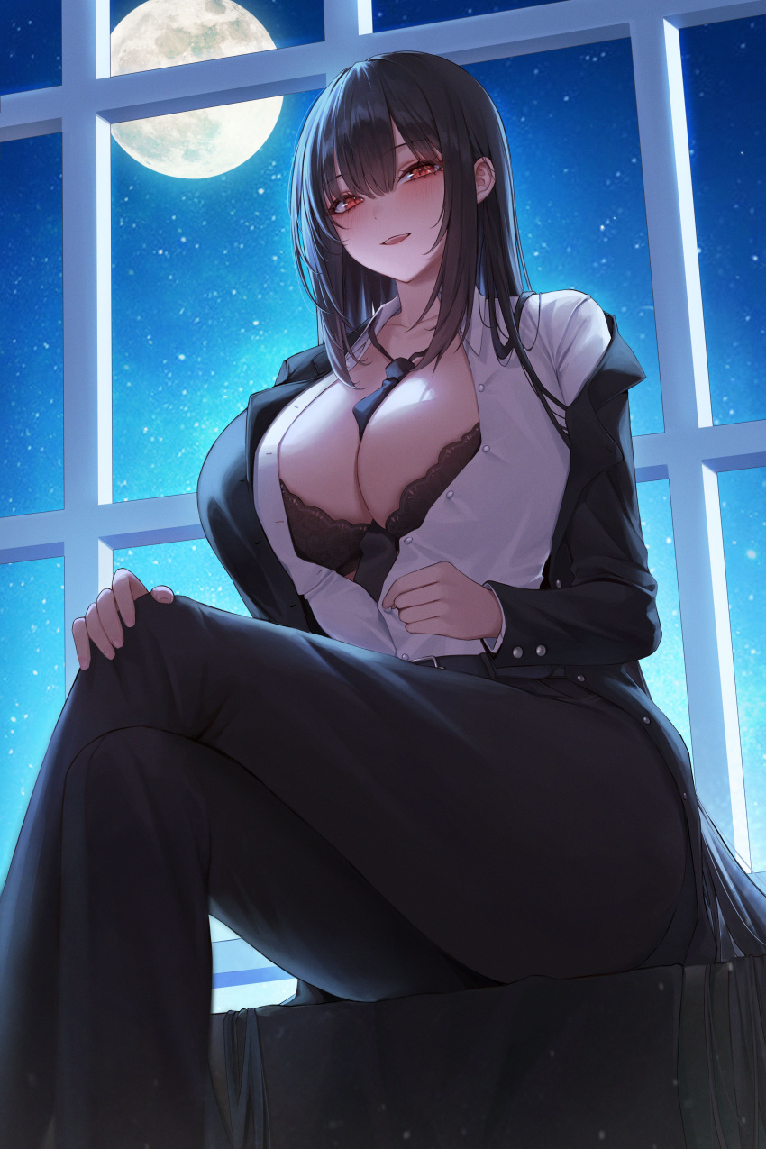 1girl absurdres ame_816 belt between_breasts black_bra black_hair black_jacket black_pants blazer bra breasts buttons cleavage collared_shirt commission crossed_legs dress_shirt full_moon hand_on_own_knee highres jacket lace-trimmed_bra lace_trim large_breasts long_hair long_sleeves looking_at_viewer moon necktie necktie_between_breasts night off_shoulder open_clothes open_jacket open_mouth original pants partially_unbuttoned red_eyes second-party_source shirt sitting sky smile solo star_(sky) starry_sky undershirt underwear very_long_hair window