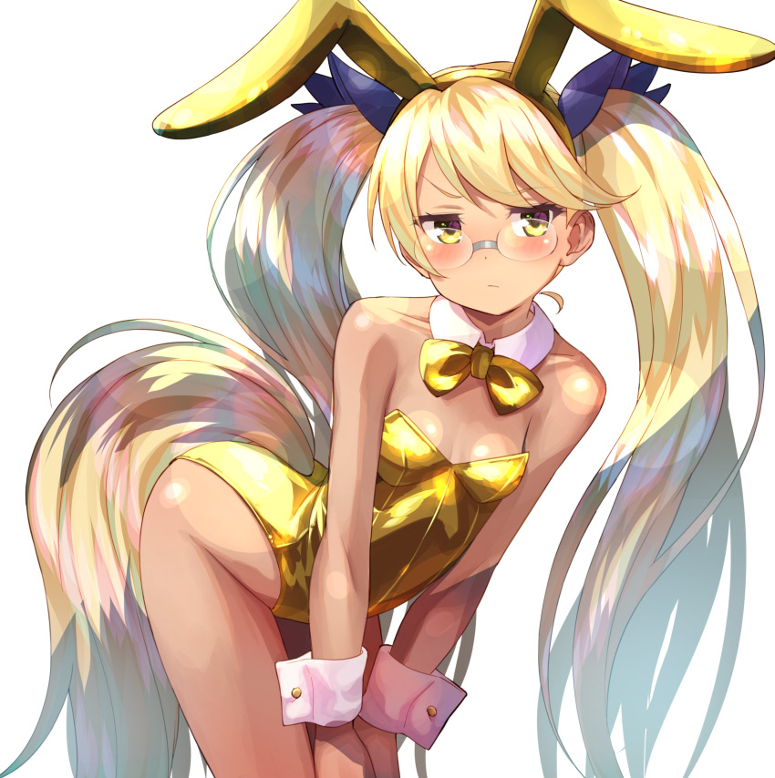 1girl absurdres animal_ears arched_back bare_shoulders blonde_hair blush bow bowtie closed_mouth collar collarbone detached_collar fake_animal_ears glasses hairband highres leaning_forward leotard long_hair looking_at_viewer nyama playboy_bunny rabbit_ears retoree_(show_by_rock!!) show_by_rock!! simple_background solo strapless strapless_leotard swept_bangs tail tail_through_clothes twintails very_long_hair white_background white_collar wing_collar wrist_cuffs yellow_bow yellow_bowtie yellow_hairband yellow_leotard