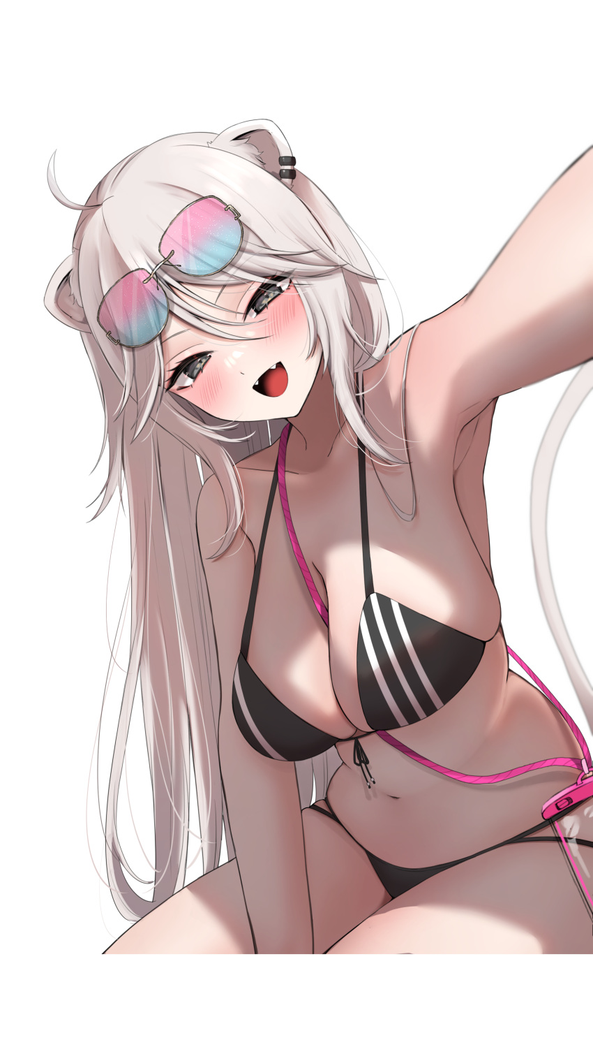 1girl :d absurdres adapted_costume ahoge animal_ears armpits between_breasts bikini black_bikini black_eyes blue-tinted_eyewear blush breasts cleavage commentary ear_piercing eyewear_on_head fangs front-tie_bikini_top front-tie_top gradient-tinted_eyewear grey_hair hair_between_eyes highres hololive large_breasts lion_ears lion_girl lion_tail long_hair looking_at_viewer multi-strapped_bikini navel nerorigogo open_mouth outstretched_arm piercing pink-tinted_eyewear selfie shishiro_botan sidelocks simple_background sitting skindentation smile solo stomach strap_between_breasts string_bikini sunglasses swimsuit tail tinted_eyewear virtual_youtuber white_background