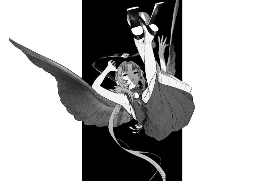 1girl crossed_ankles dentooo0 dress dress_tug falling feathered_wings from_below full_body geta greyscale highres japanese_clothes legs_up long_hair monochrome original parted_bangs parted_lips pom_pom_(clothes) sash shoe_soles short_sleeves sidelocks sideways_glance solo spread_wings tassel tengu-geta very_long_hair wings