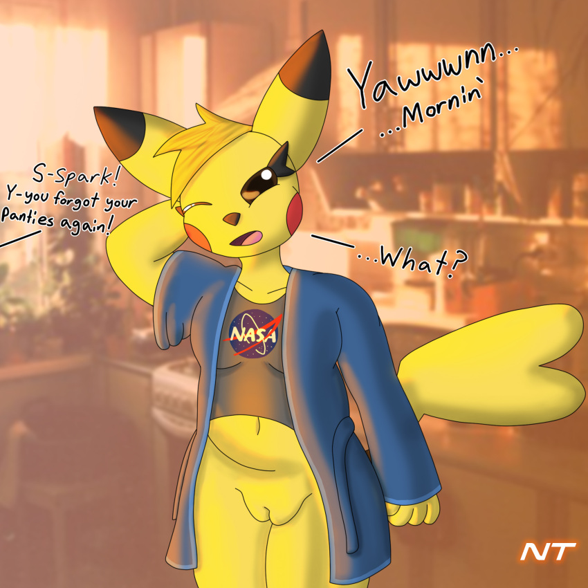 anthro bathrobe bottomless brown_eyes chubby_female clothed clothing dialogue eyelashes female generation_1_pokemon genitals hair hand_behind_head head_tuft hi_res kitchen looking_at_viewer mammal murid murine nasa ninjatreecko nintendo one_eye_closed open_mouth partially_clothed pikachu pokemon pokemon_(species) pokemorph pussy robe rodent shirt slightly_chubby solo spark_elektra standing t-shirt tail tired topwear tuft yawn yellow_body