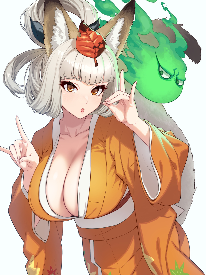 1girl absurdres animal_ears blush breasts comb fox fox_ears fox_shadow_puppet fox_tail hair_ornament highres hitodama japanese_clothes kimono kongiku lantern large_breasts leaf leaf_on_head long_hair looking_at_viewer oboro_muramasa open_mouth orange_eyes orange_kimono paper_lantern possessed print_kimono simple_background solo soul tail white_background white_hair yagi_(ningen) yellow_eyes